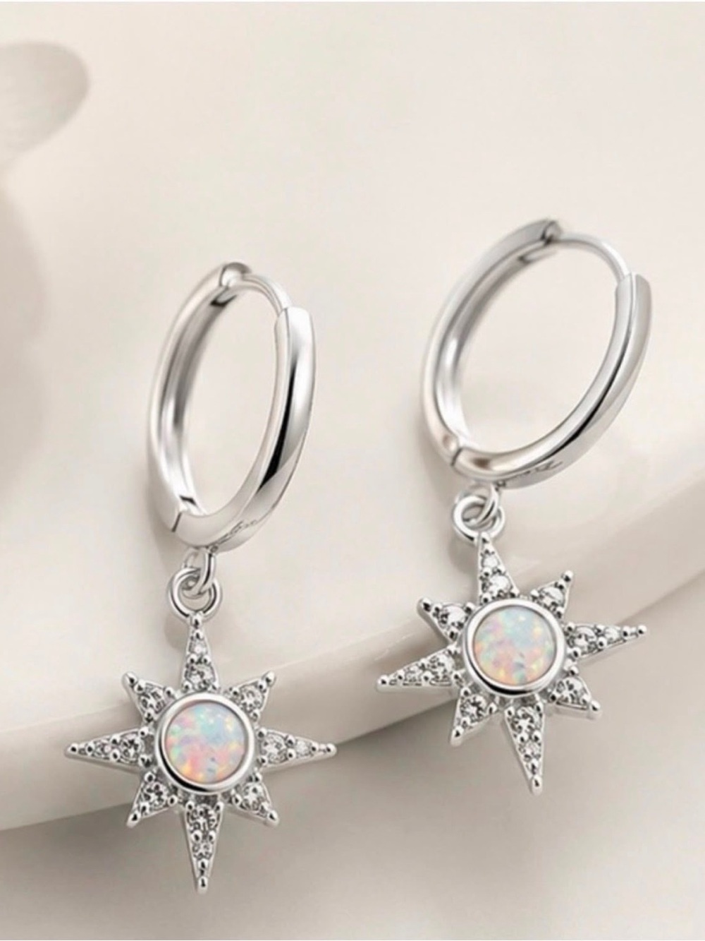 Sterling Silver Opal Starburst Hoop Earrings - Picture 2 of 3